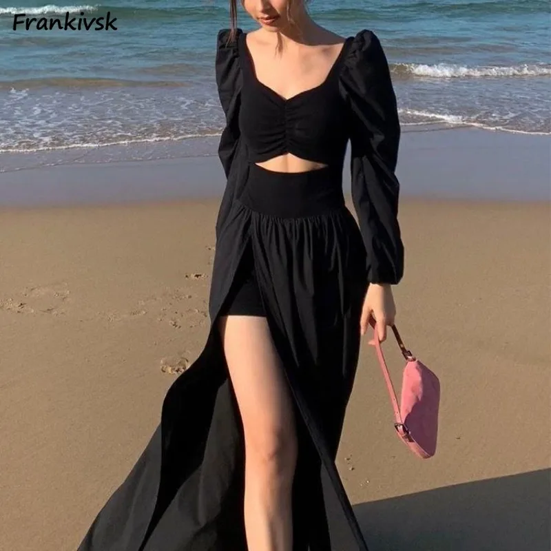 Hollow Out Maxi Dresses for Women Clothes Beach Style High Street Side-Slit Solid Spring European Vestidos Mujer Personality New