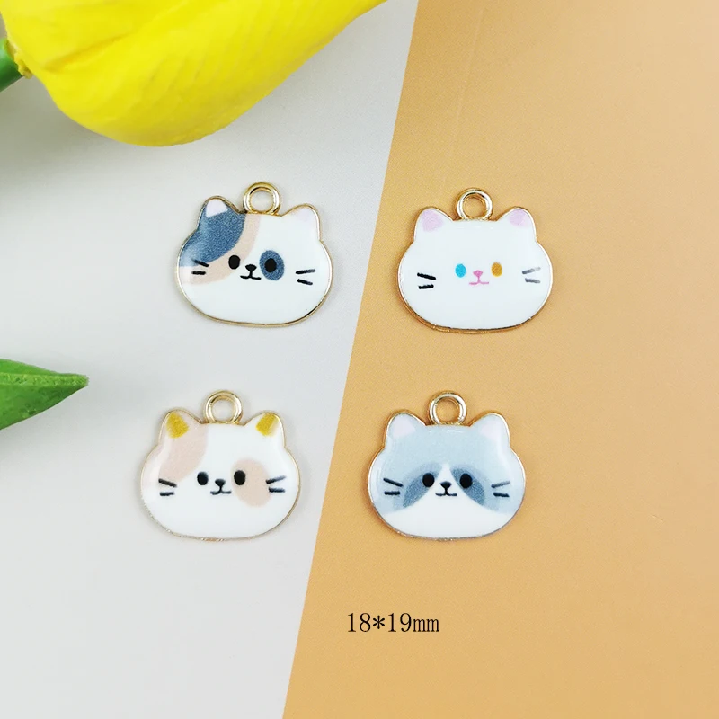 MuhNa 10PCS Cute Cats Head Enamel Charms 18*19mm Pet Kitten Alloy Pendant Fit DIY Earring Jewelry Making Accessories