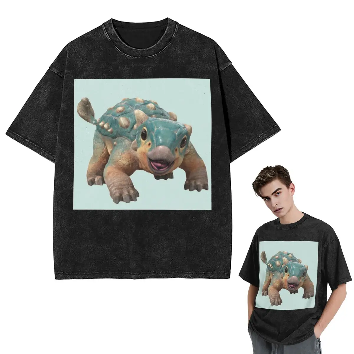 Streetwear T-Shirts Bumpy Ankylosaurus Magniventris Washed T Shirt Short Sleeve Hip Hop T-Shirt Tops Tees for Men Women