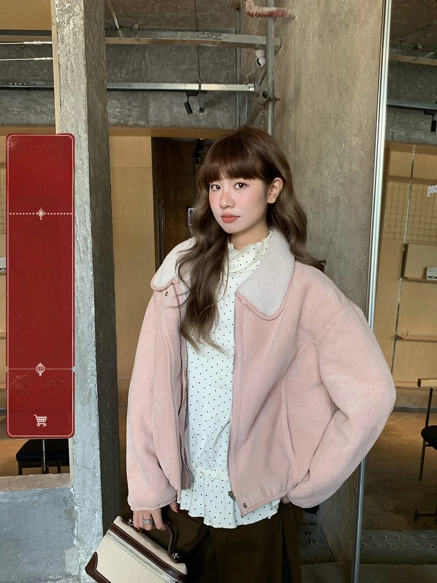 

Женская замшевая куртка Sinbounboun в корейском стиле, теплая, с мехом ягненка, на молнии, короткий кардиган, верхняя одежда, свободный крой, милый стиль