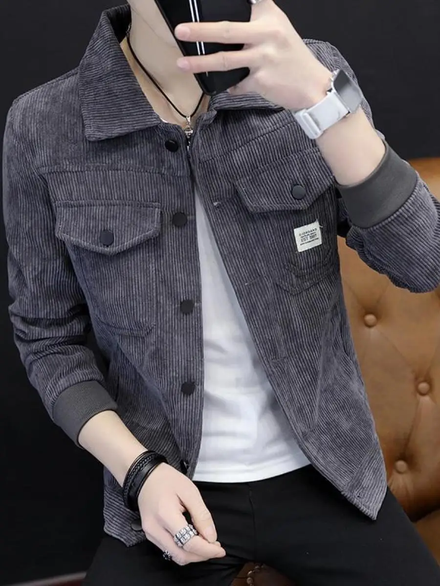

Men's Faion Slim Fit Corduroy Jaet Spring Autumn Turn-down Collar Outerwear Trendy Korean Sle Stand Fit Coat