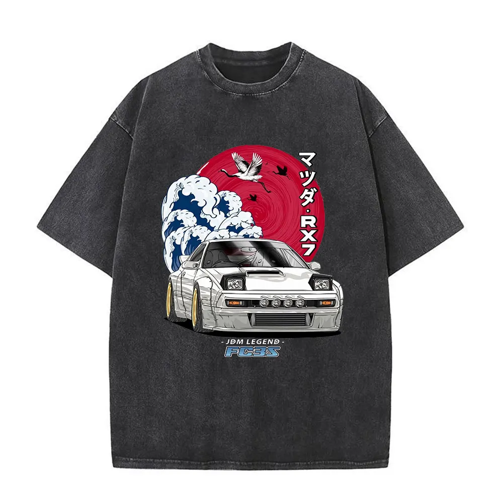 Customization Anime Initial D Drift AE86 Washed Vintage Print T-shirt RX-7 R34 Skyline GTR JDM T-shirts Men's Harajuku Cozy Over - view 2