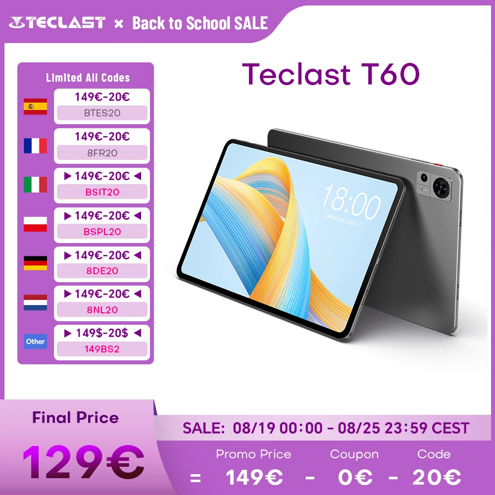 Teclast T60 12 Inch Tablet Android 14 8GB RAM 256GB ROM 18W PD Fast 2000x1200 UNISOC T616 Octa Core 4G Network Wifi 8000mAh