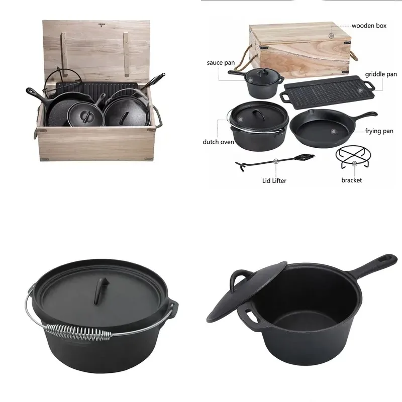 Pre-seasoned non-stick cast iron 7 pieces Dutch oven Camping cooking pot Cookware set 7 pieces Outdoor barbecue