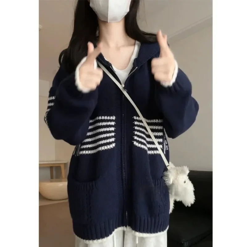 Deeptown Striped Hooded Women's Knit Cardigan Vintage Korean Fashion Long Sleeve Sweater Harajuku Loose Preppy Jk Autumn Winter