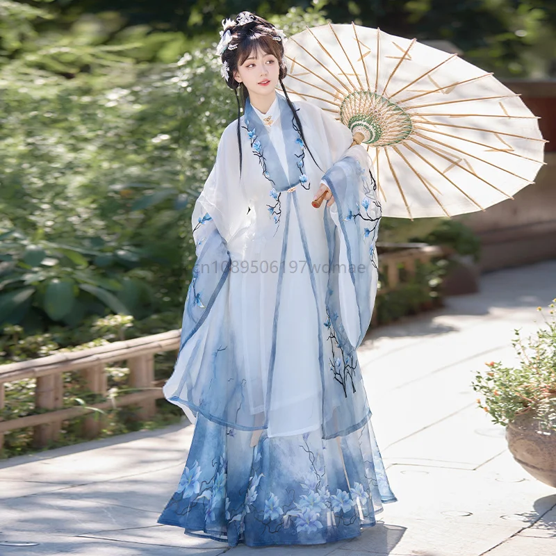 

New Ming Dynasty Hanfu Women Long Shirt Embroidered Magnolia Standing Collar Spring Autumn Daily Fairy Style