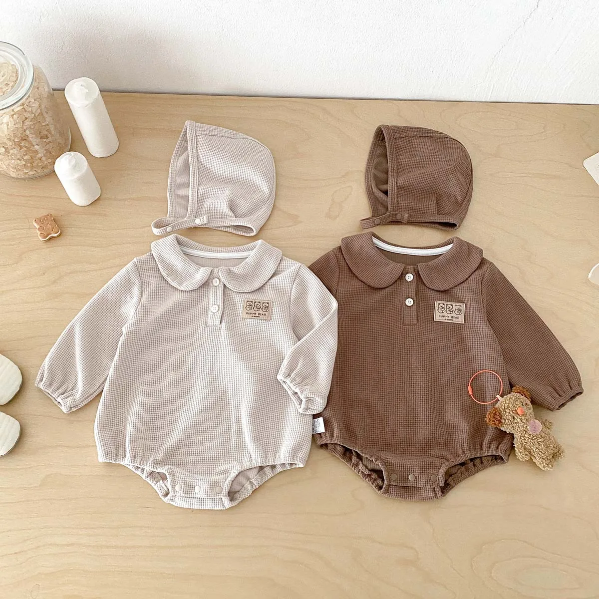 Newborn Waffle Knit Bodysuit Set Matching Hat Peter Pan Collar Long Sleeve Snap Bottom Soft Gentle Infant Daily Indoor Outfit
