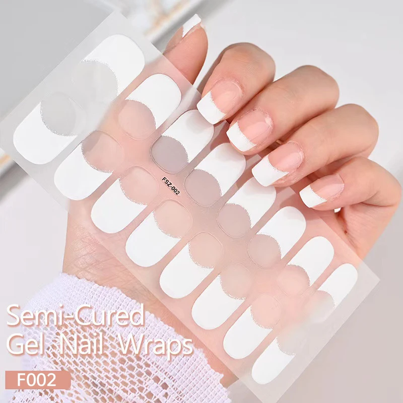 Semi-cured Gel Nail Wraps 16Tips/20Tips Fashion French Nail Long Lasting Full Cover Nail Gel Sticker DIY Manicure Wraps