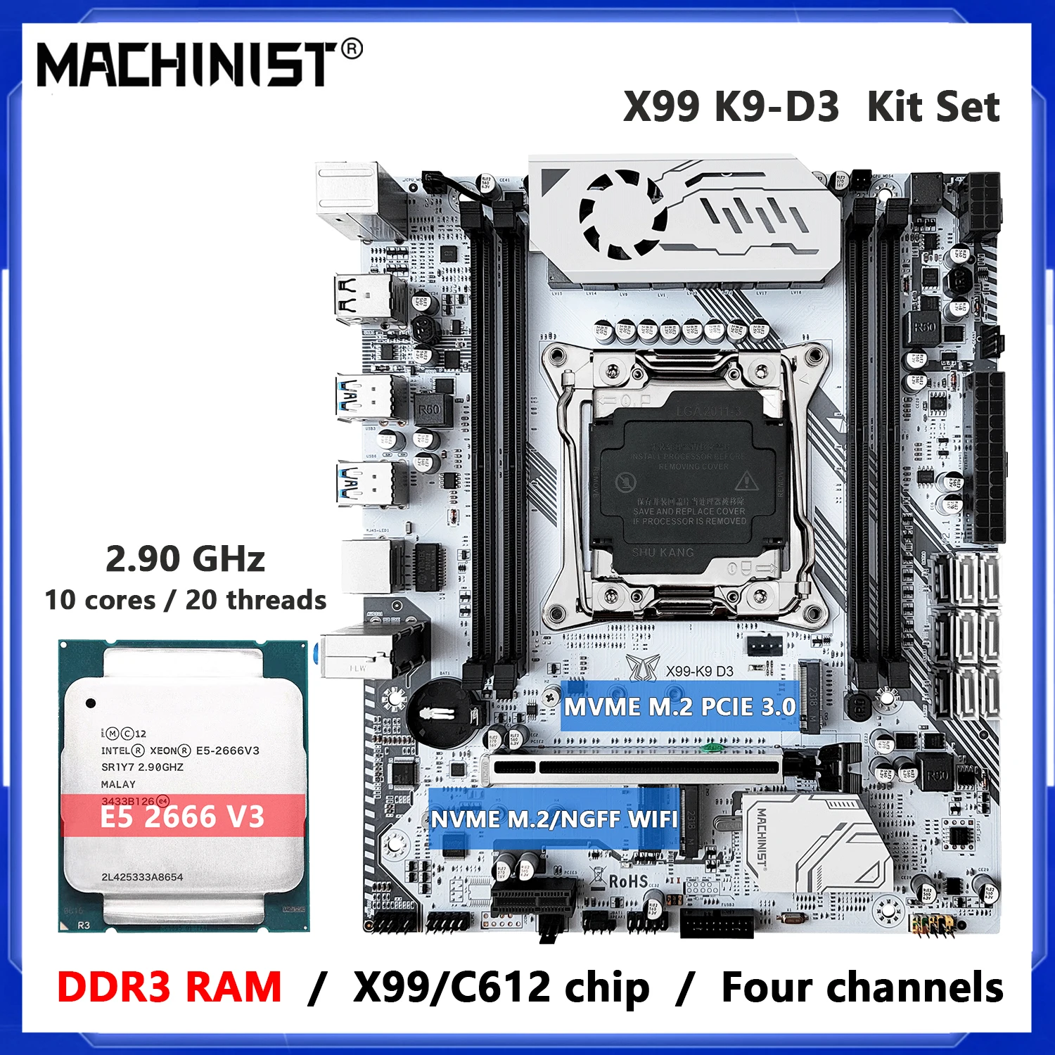 MACHINIST X99 DDR3 Motherboard Combo LGA 2011-3 Intel Xeon E5 2666 V3/E5 2673 V3 CPU Support DDR3 Four Channels RAM C612 Chip