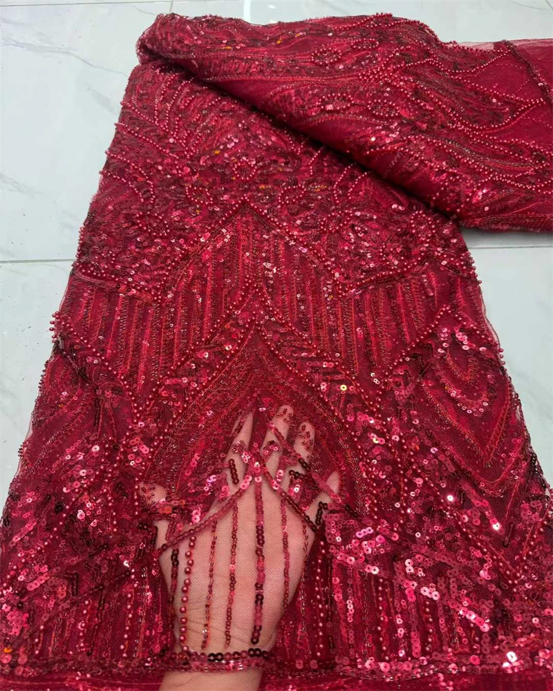 

African Bridal Lace Fabric Beaded Sequins Embroidery High Quality French Tulle for Wedding Gown Nigerian Style