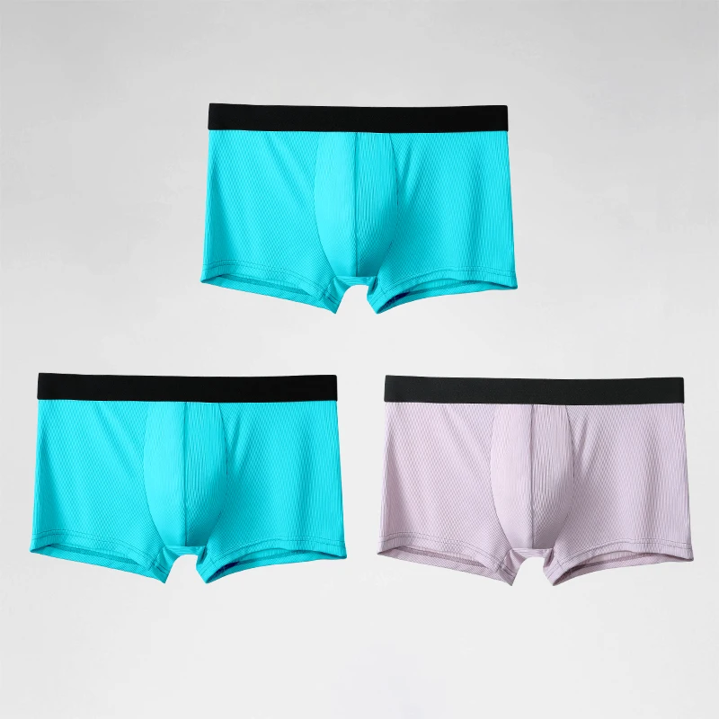 3 قطع ملابس داخلية رجالية من الحرير الجليدي، مريحة، قابلة للتنفس، رياضية، عصرية وشخصية. شق صيفي رقيق ومسطح بزاوية