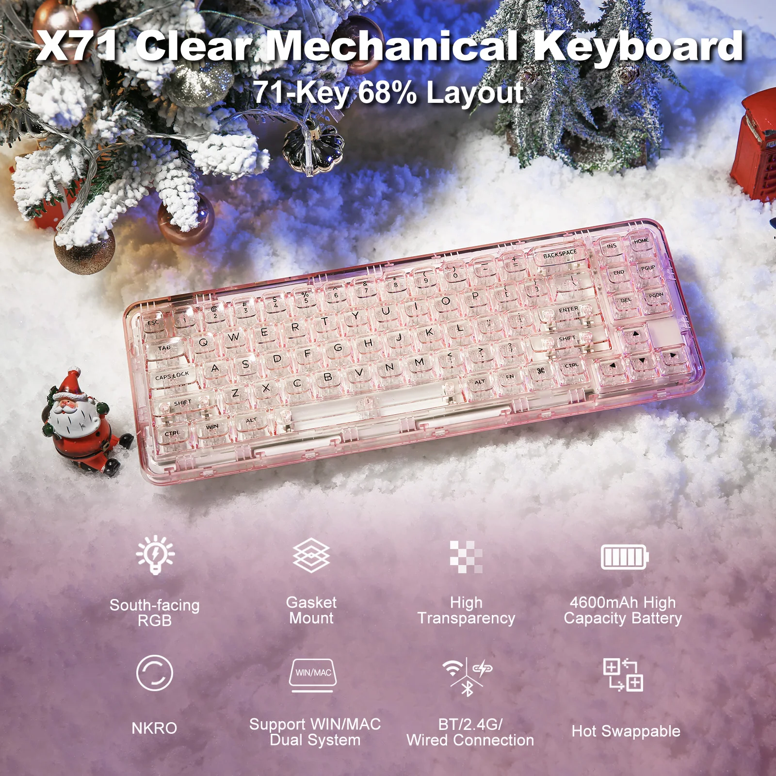 Imagem -02 - Teclado Mecânico sem Fio para Jogos com Teclas Claras 68 Layout bt 2.4g Usb-c Junta Hot-swap Rgb Transparente Rosa Yunzii-x71