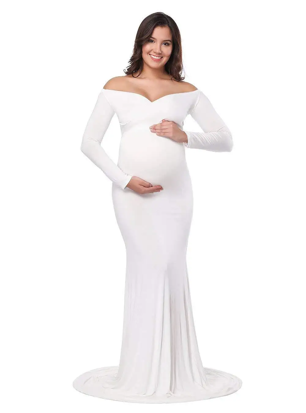 Women\'s Off Shoulder Maternity Dress Slim Cross-Front V Neck Long Sleeves Photograph Gowns for Photoshoot Baby Shower