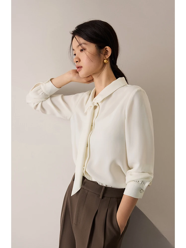 ZIQIAO High Quality Ribbon White Shirt For Women\'s 2023 Autumn New Korean Commuting Professional Style Top Blue Women Tops