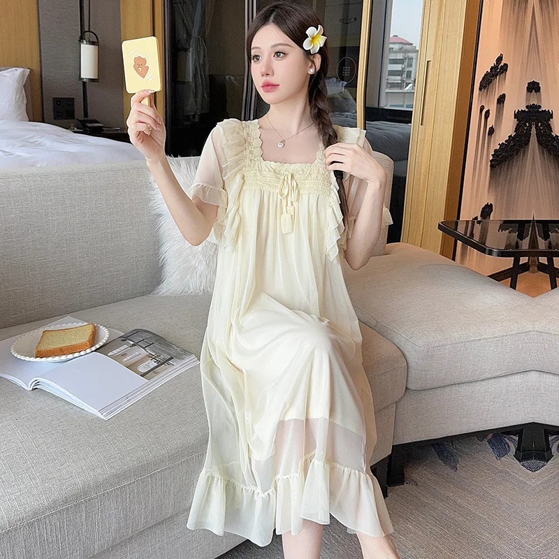

2XL Large Size Summer Ladies Nightgown with Chest Pad Sweet Female Loose Sleepdress Spring Summer Short-Sleeved Pajamas Homewear