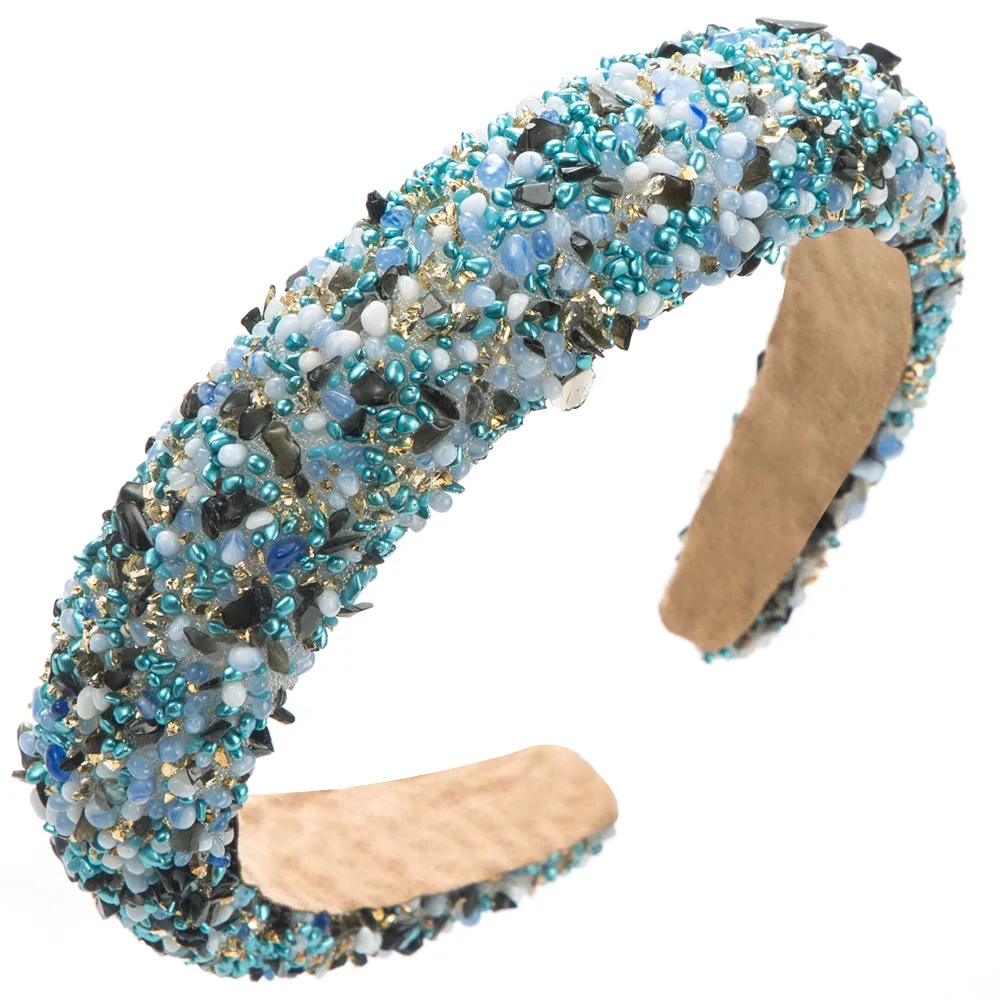 Blue Rhinestone Headband Padded Wide Hairband Glitter Crystal Pearl Headhoop Diamond Headbands for Women and Girls