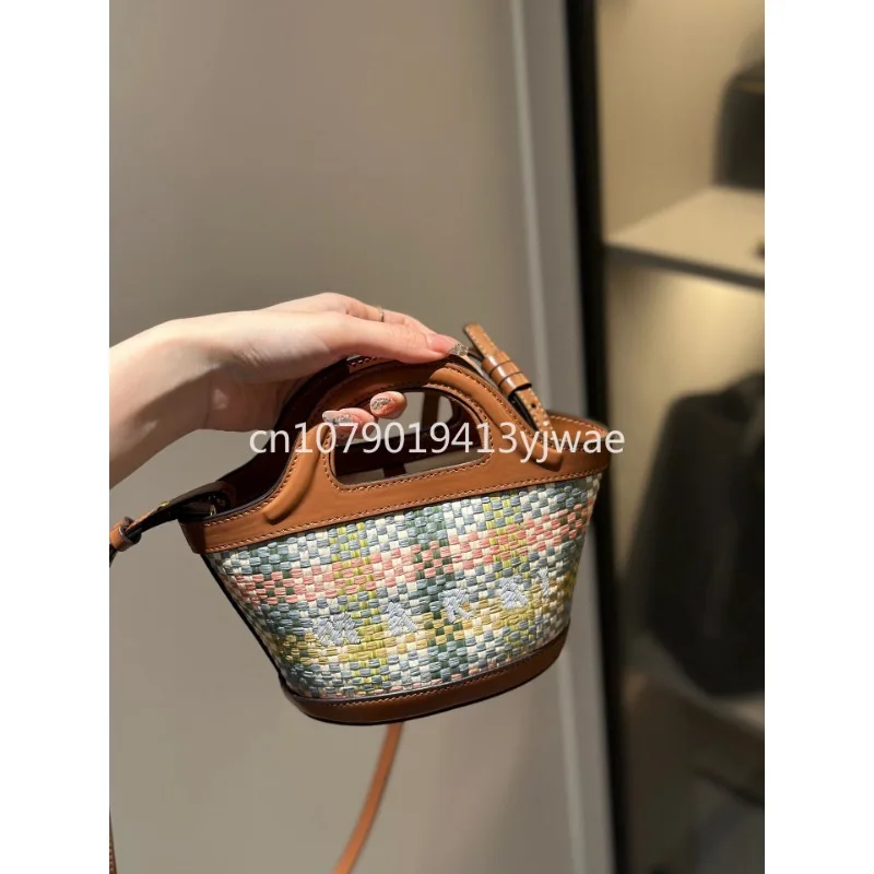 Vegetable Basket Bag, Straw Woven Bag, Crossbody Stitched Cowhide Bucket Bag