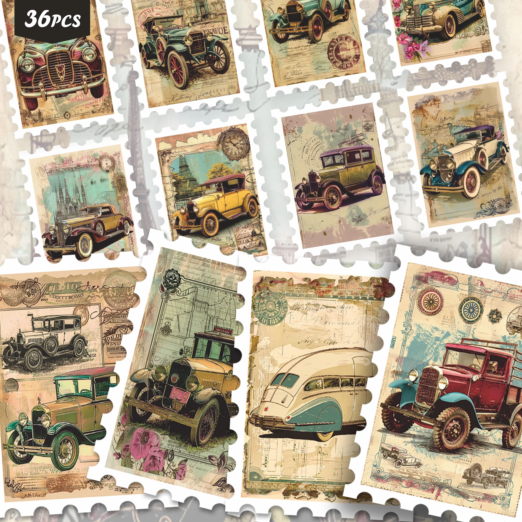 36PCS Vintage Travel Car Stickers for laptops, Aged Paper & City Prints, Perfect for Scrapbooking & Notebook Decoration