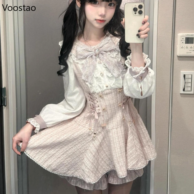 Japanese Gothic Lolita Rhinestone Bow Dress Shorts Set Women Elegant Sweet Long Sleeve Slim Plaid Shirt Dress Kawaii Y2k Outfits