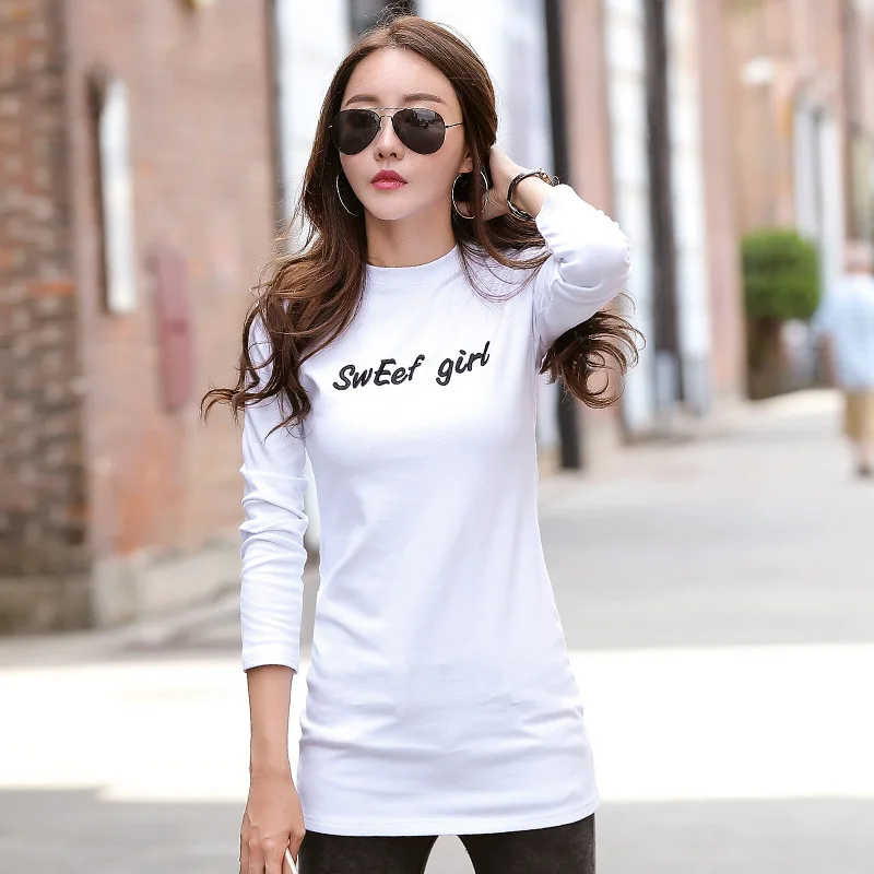 

New Long T Shirt Women Cotton Embroidery Letters T-shirt Long Sleeve O-neck Warm Fleece Tshirts Winter Autumn Basic Tunic Tops