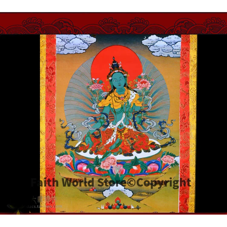 60 CM large Buddha Thang-ga Thangka # HOME Talisman efficacious Protection # Tibetan Buddhism Green Tara Buddha Hang painting