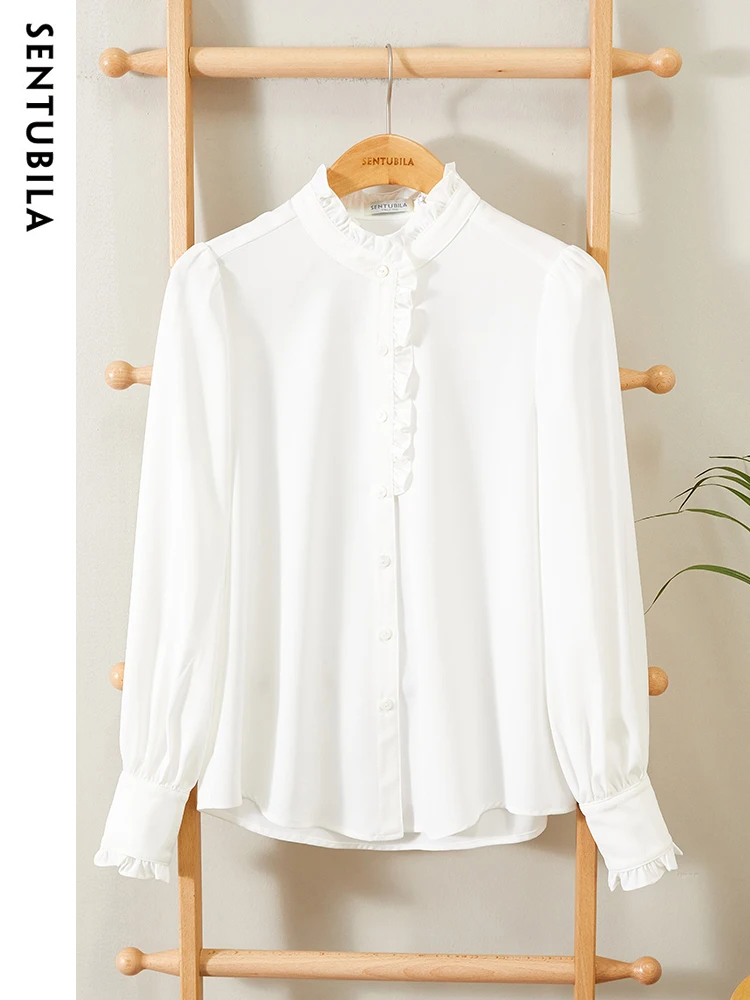 SENTUBILA Elegant Ruffled White Shirts for Women 2024 New Fashion Stand Collar Long Sleeve Chiffon Tops Office Wear 131V46907