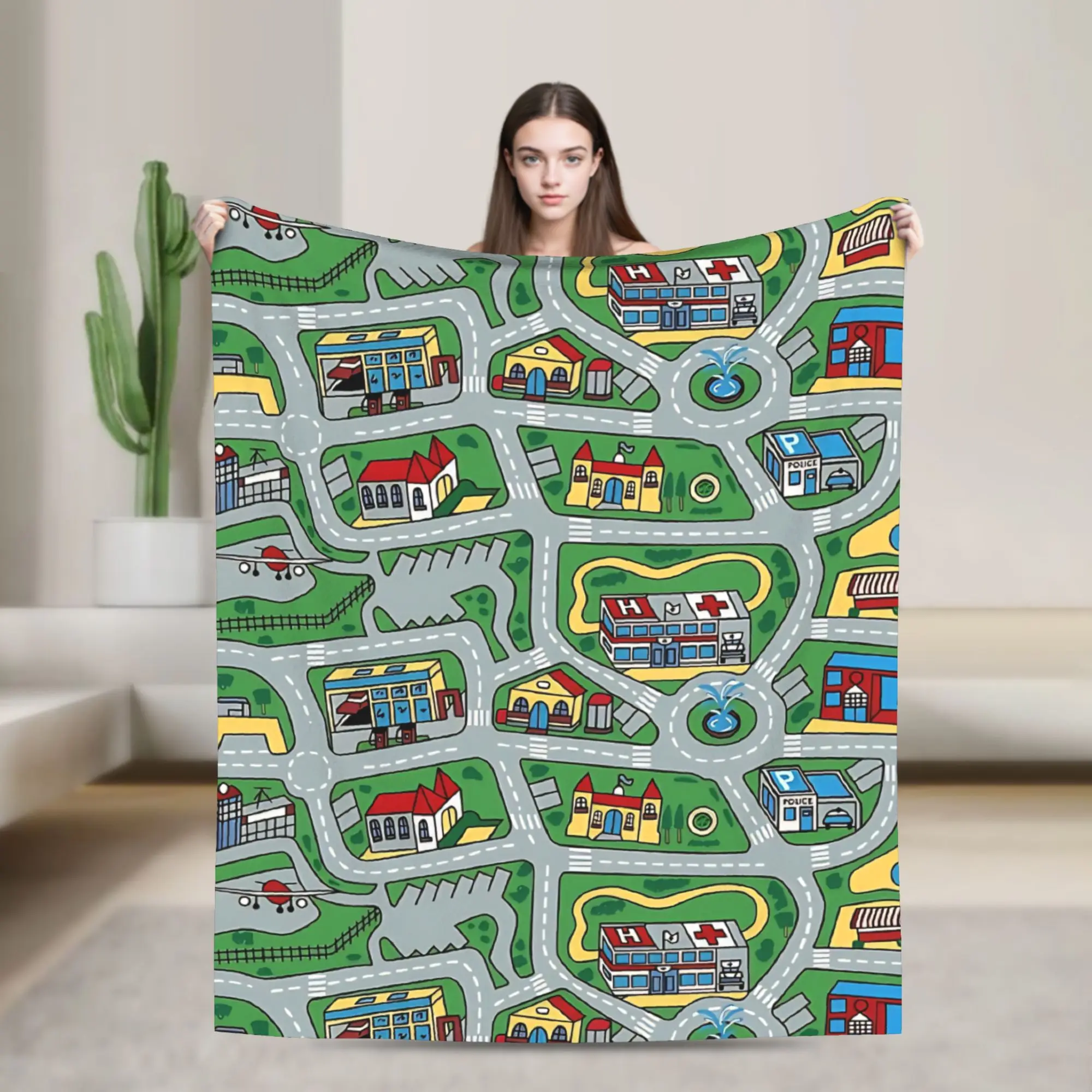 Car City Carpet Road Rug 90s Nostalgic Toy Road Traffic  Blanket Cover Coral Fleece Plush  Warm Throw Blanket Bedspread