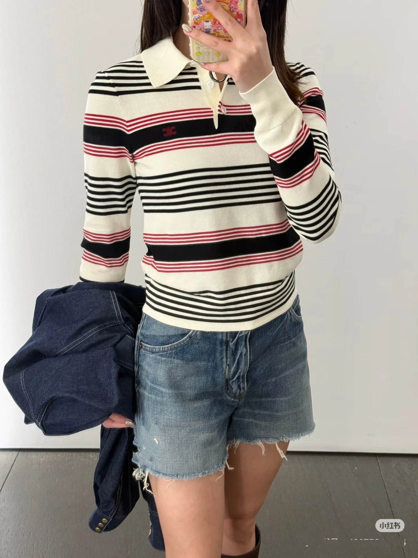 Striped knitted polo shirt 2026 new  Pink and green striped cotton knitted T-shirt  Short women's style