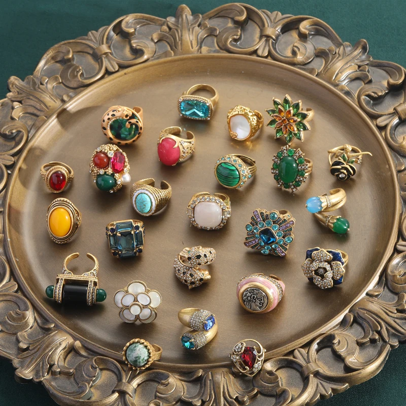 Vintage White Turquoise Ring For Woman Blue Natural Stone Round Antique Gold Color Adjustable Accessories Luxury Brand Jewelry