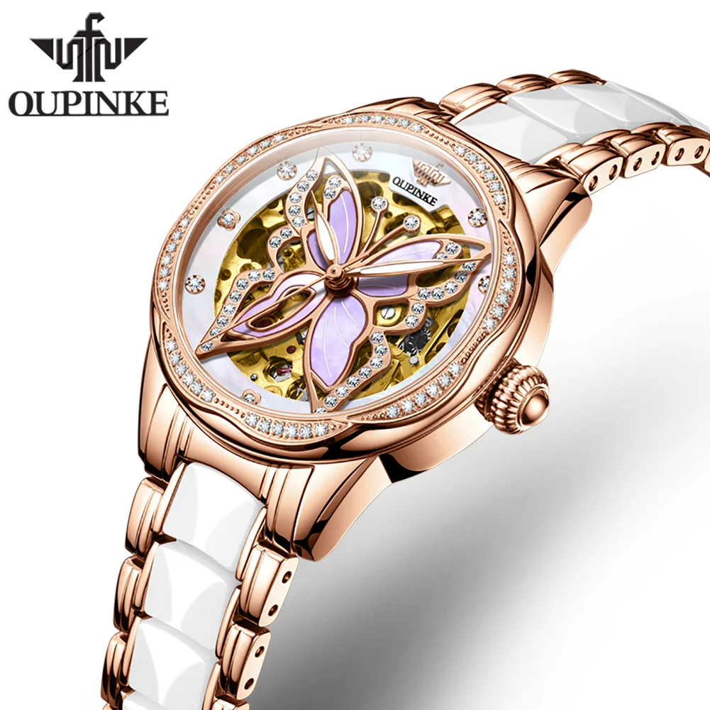 OUPINKE 3239 Automatic Mechanical Ladies' Watch Butterfly Skeleton Stainless steel Waterproof Ceramic Watches