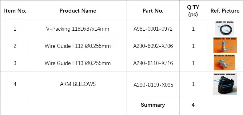 V-Packing 115Dx87x14mm+Wire Guide F112 Ø0.255mm+Wire Guide F113 Ø0.255mm+ARM BELLOWS A290-8119-X095