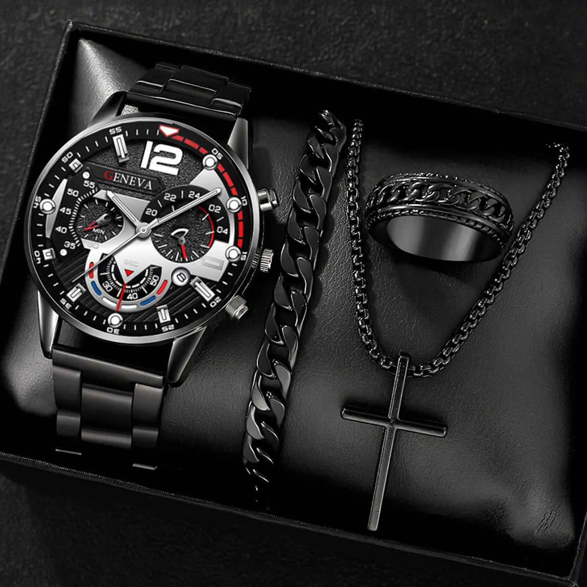 

Набор из 4 предметов: ретро-аксессуары для мужчин, включающие колье с крестом, кольцо и браслет-цепочка, подходят для любых случаев.