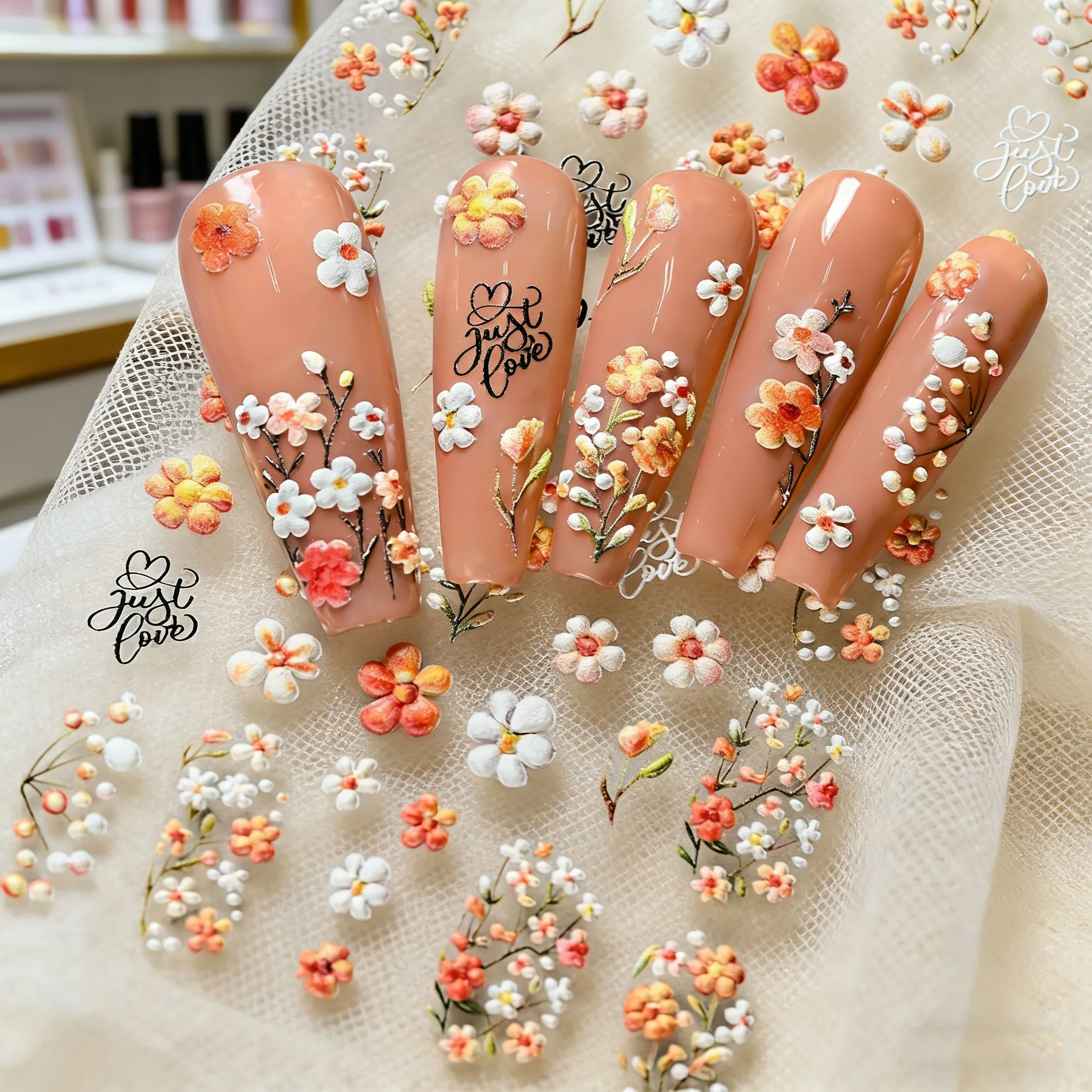 5D Embossed Colorful Wildflower Nail Stickers White Orange Flower Manicure Slider Floral Heart Love Design Self Adhesive Decals