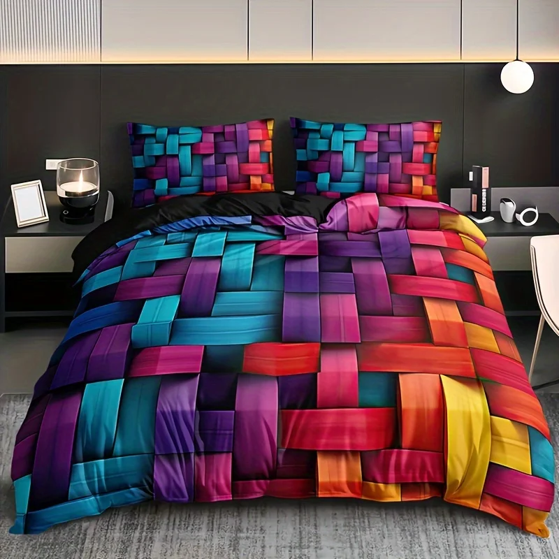 Geometric Colorful Plaid Duvet Cover Set Breathable Woven Polyester All-Season 3 Piece Set with 1 Duvet Cover and 2 Pillowcases