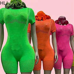 HLJ Fashion Knitted Sweater Hollow Bodycon One Piece Rompers Women Sheer Round Neck Short Sleeve Slim Jumpsuits Female Overalls