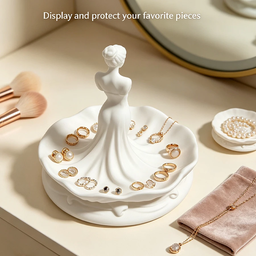 Modern Ambiance Women's Portrait Jewelry Tray, Elegant Long-Dressed Goddess Statue, Dressing Table Accessory Tray, High-Quality Gift for Weddings, Birthdays, and Anniversaries