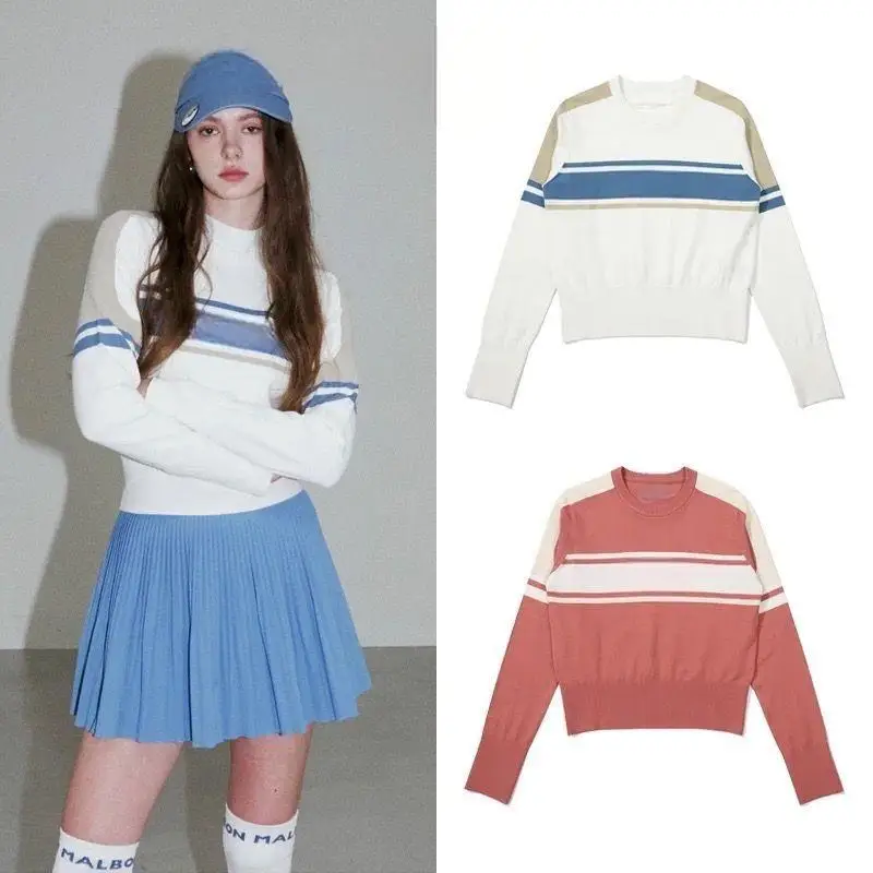 Ladies Fashion Golf Knit Sweater Crew Neck Color Matching Long Sleeve High Elastic Sports Top Spring Autumn