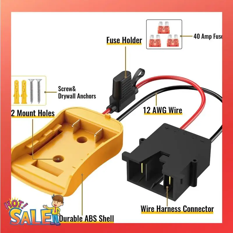 

ABCL Power Wheels Adapter For 20V Battery With Wire Harness Connector For 12V, 12AWG Wire With 40A Fuse Dura