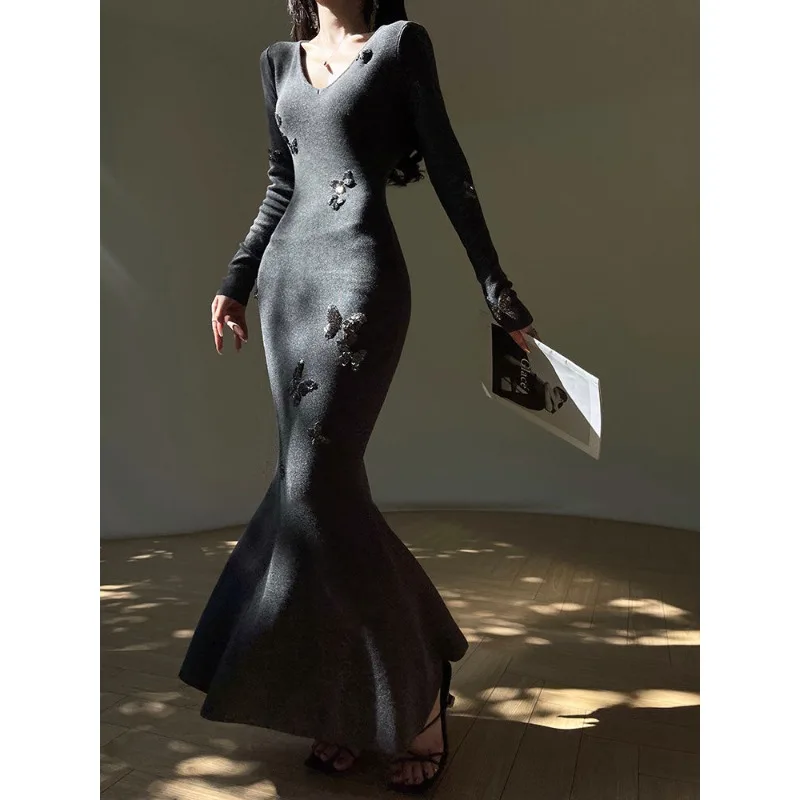 

French-style Sequined Slim-fit Mermaid Knit Dress for Women, Autumn and Spring Style, Slim-fitting Base Layer Long Dress