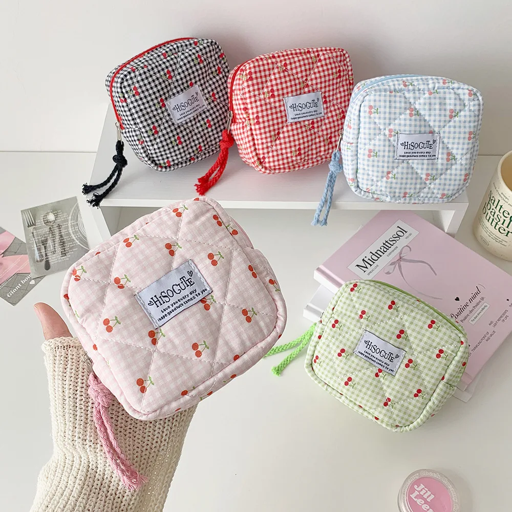 INS Fashion Square Cherry Makeup Bag Cute Girls Portable Large Capacity Travel Washbag Sanitary Cotton Storage Bag Women Gifts