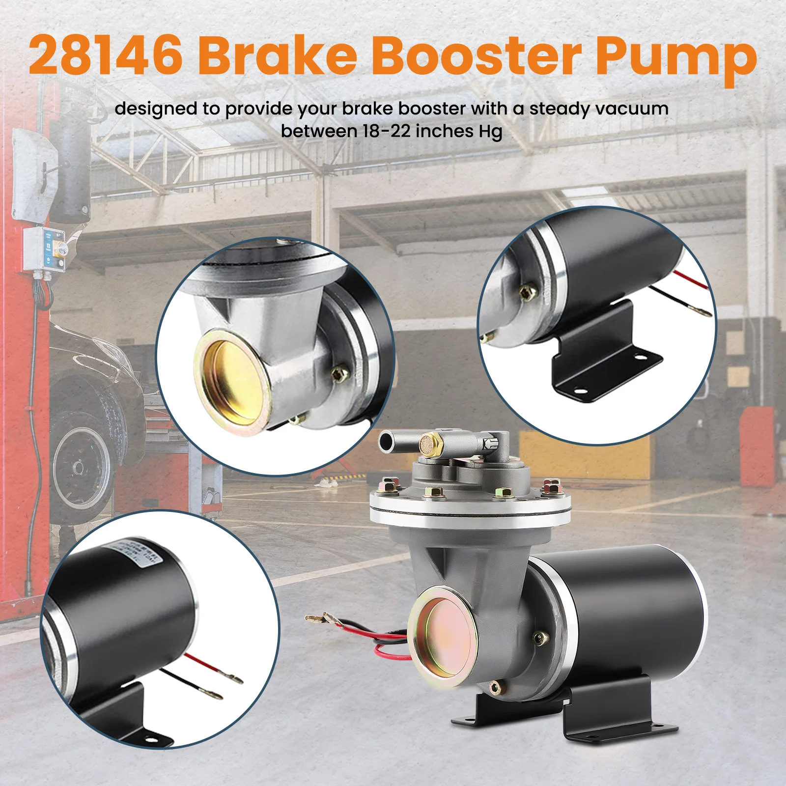 Electric Vacuum Pump Kit w/Mounting Hardware for Brake Booster 12 Volt 18 to 22 Power Brake Booster Auxiliary Pump Assembly