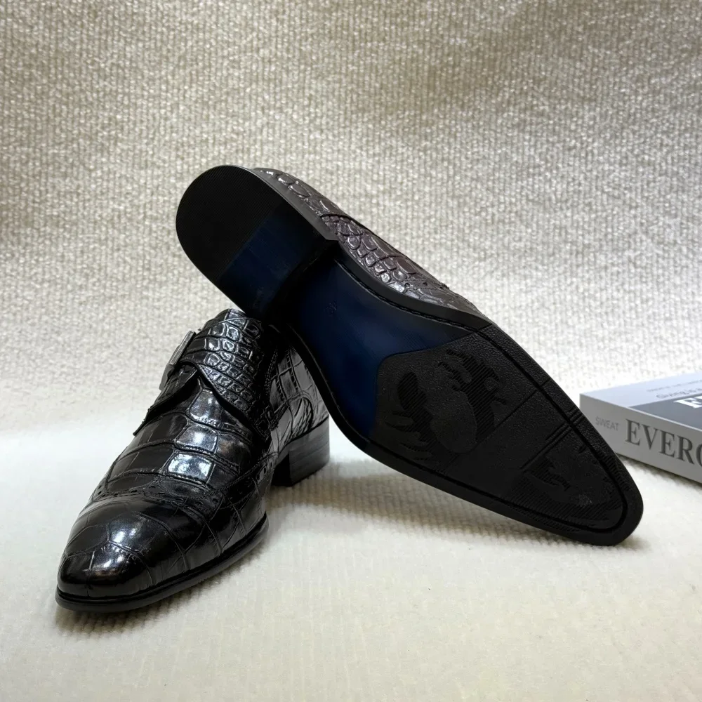 FELIX CHU Mocasines formales sin cordones de cuero genuino para hombre Zapatos de vestir de boda Brogue con punta de ala Detalle de hebilla para banquete de fiesta
