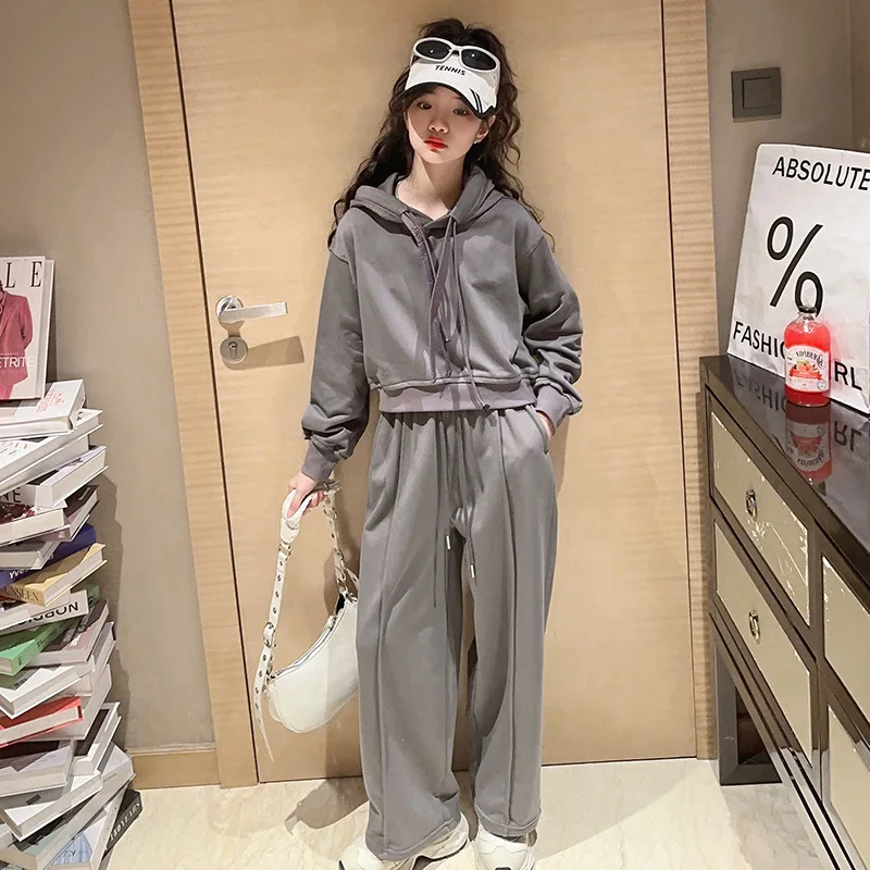 

Baby Girl Clothes Suit Spring 2024 New Children Fashion Casual Personality Hat Rope Hoodie Wide Leg Pants Two-piece Spring