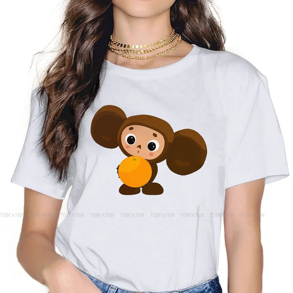 Hug Orange Female Shirts Cheburashka Cute Soviet Russian Cartoon Big size Vintage Women Tshirts Harajuku Casual Feminine Blusas