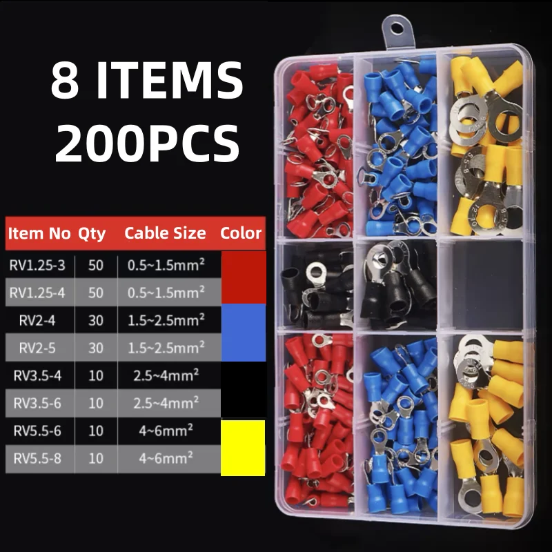 200/420PCS Insulated Ring Terminals RV series Cold-pressed Electrical Wire Cable Crimp Connectors 22-10 AWG Kit with crimper