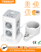 TESSAN Tower Power Strip Multi Outlets with 2 USB &1 Type C 2M Extension Cable EU Plug Vertical Electric Socket Surge Protection