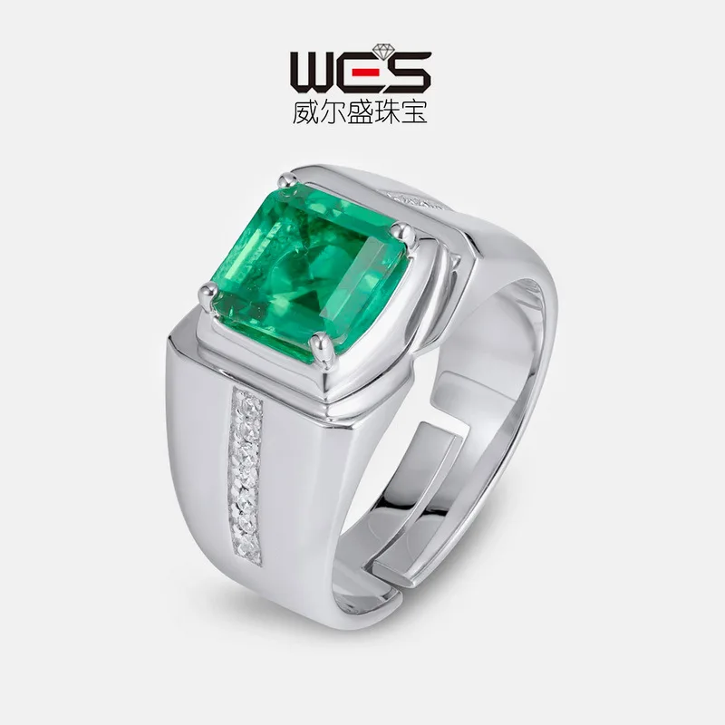 18K Gold Cultured Emerald Ring, Fashionable Colored Baby Stone PT950 Platinum Business Men's Open Ring