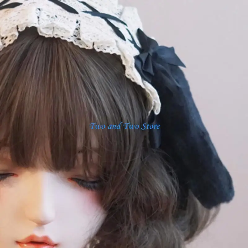 HX6F طوق شعر جميل على شكل أذن أرنب مع دانتيل مطوي لديكورات الحفلات التنكرية