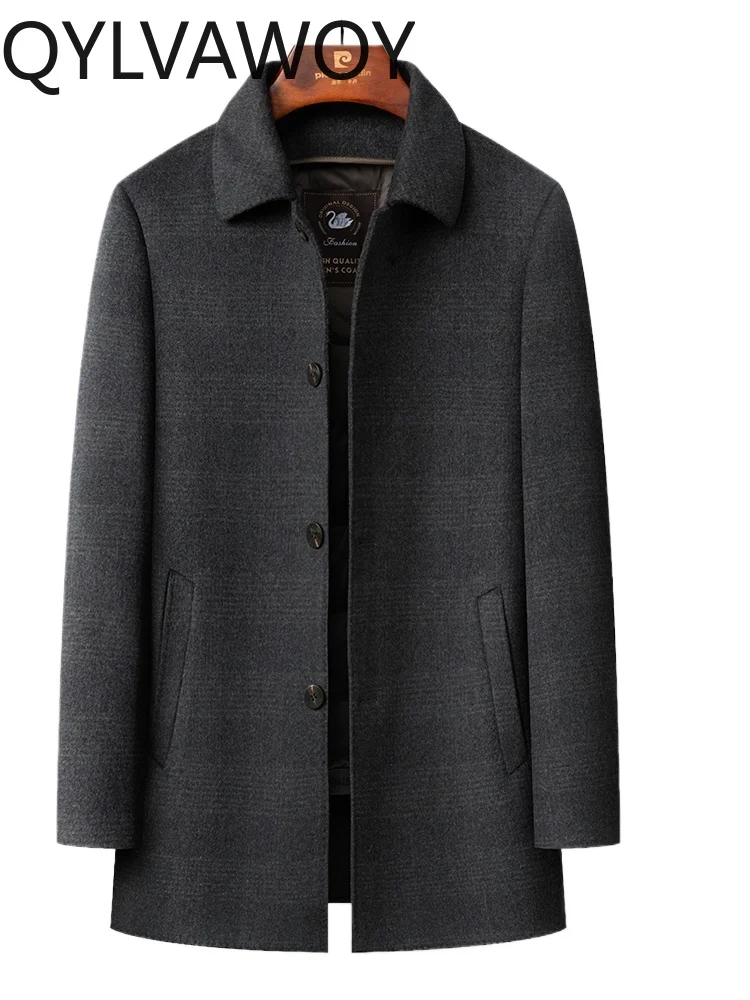 

QYLVAWOY, 100% полиэстер, новинка зимы 2023, шерстяное пальто средней длины для мужчин среднего возраста с пуховой подкладкой LJ2536