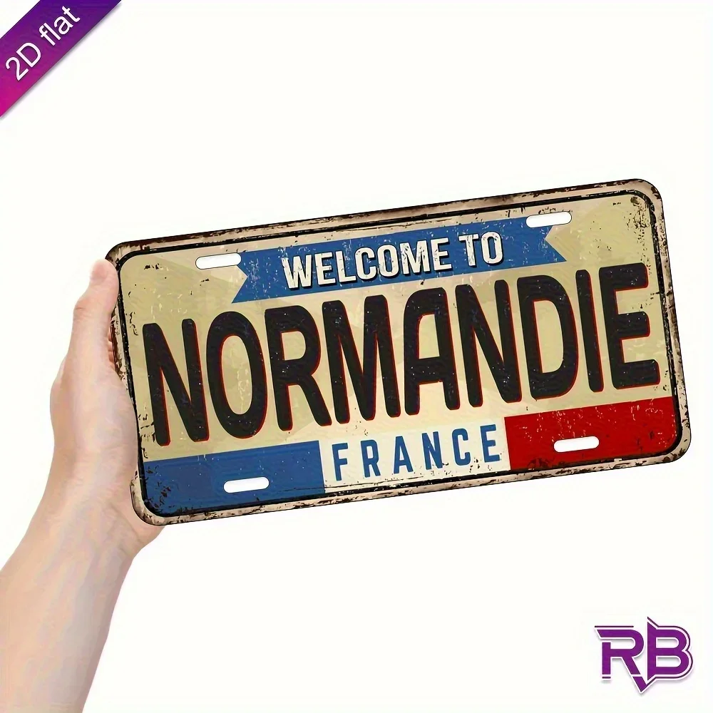 Heritage 2D Flat Metal Sign, Normandie France Retro Iron Painting 15x30cm, Vintage Welcome Text Wall Plaque for Garage Bar Wall